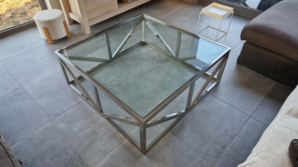 Table de salon carrée en verre et métal Flamant, Moderne classique chic, Verre, 50 à 100 cm, Carré
