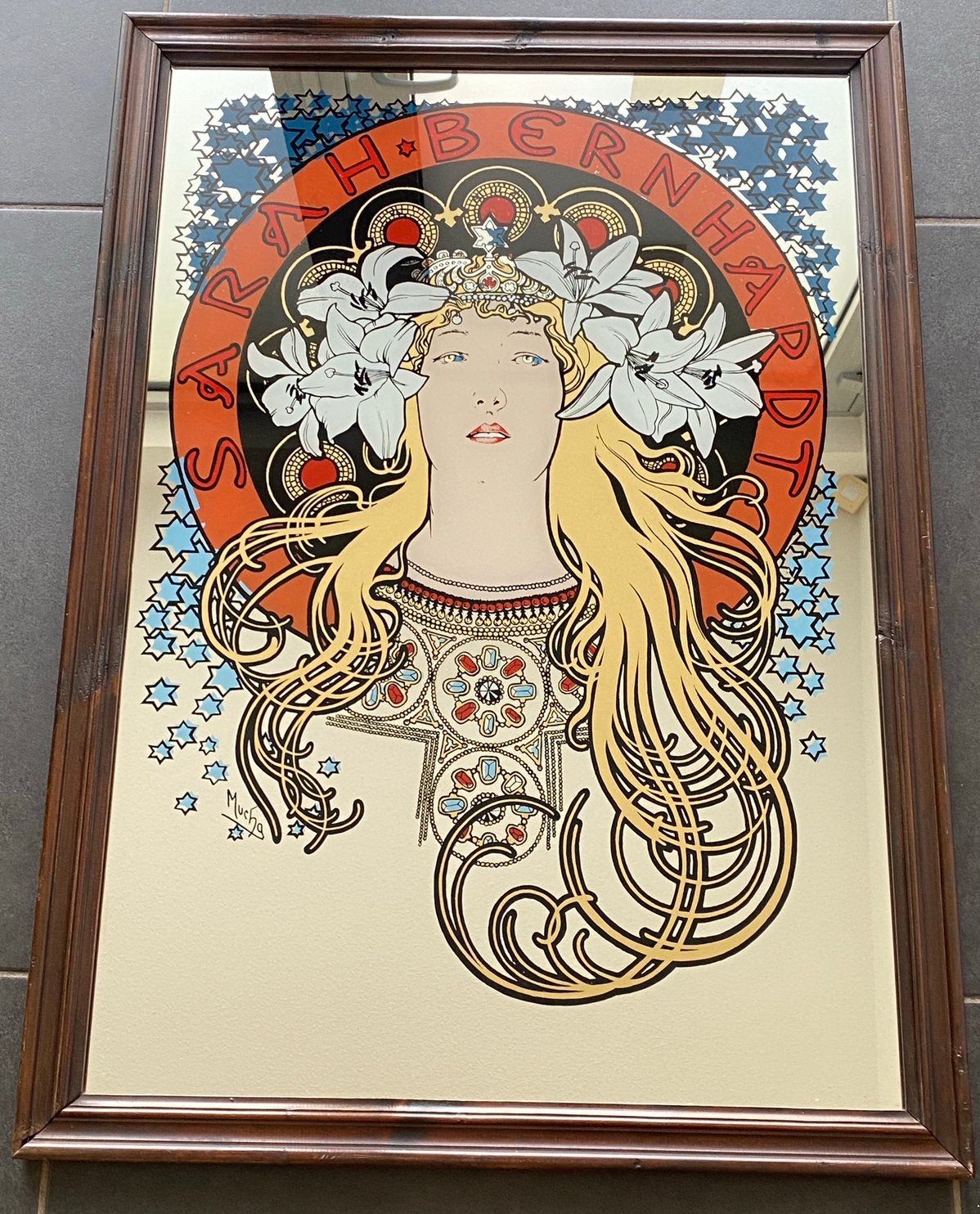 Art-Nouveau Spiegereclame “SARAH * BERNHARD”, Antiquités & Art, Antiquités | Miroirs, 50 à 100 cm, Moins de 100 cm, Rectangulaire
