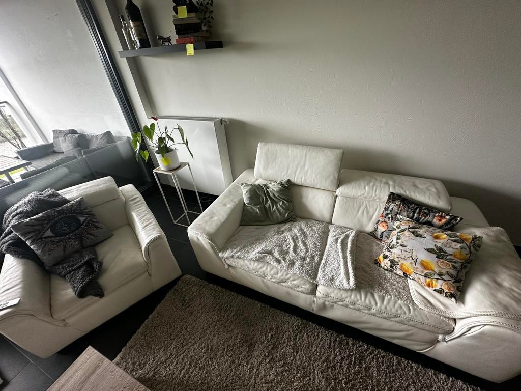 Witte leren zetel + fauteuil set – 100% echt leer, Ophalen of Verzenden, Zo goed als nieuw