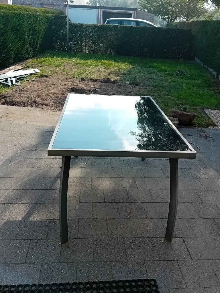 Tuintafel met glas, Tuin en Terras, Ophalen, Gebruikt, Rechthoekig, Metaal