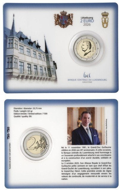 coincard 2 euros Luxembourg 2026 Guillaume V, Timbres & Monnaies, Monnaies | Europe | Monnaies euro, Envoi, Luxembourg, 2 euros