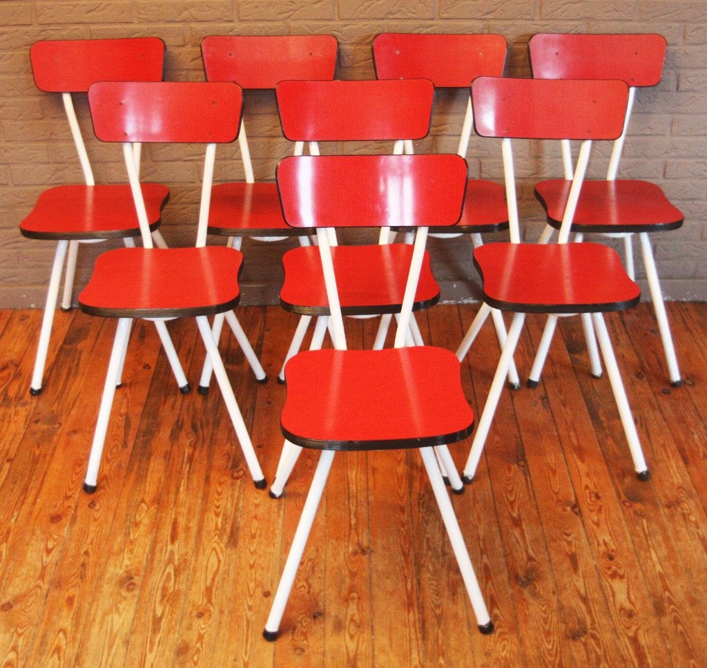 Vintage Formica Stoelen Uit Jaren 60 / Rood & Lichtgrijs, Huis en Inrichting, Stoelen, Ophalen, Gebruikt, Hout, Vintage / Jaren 60