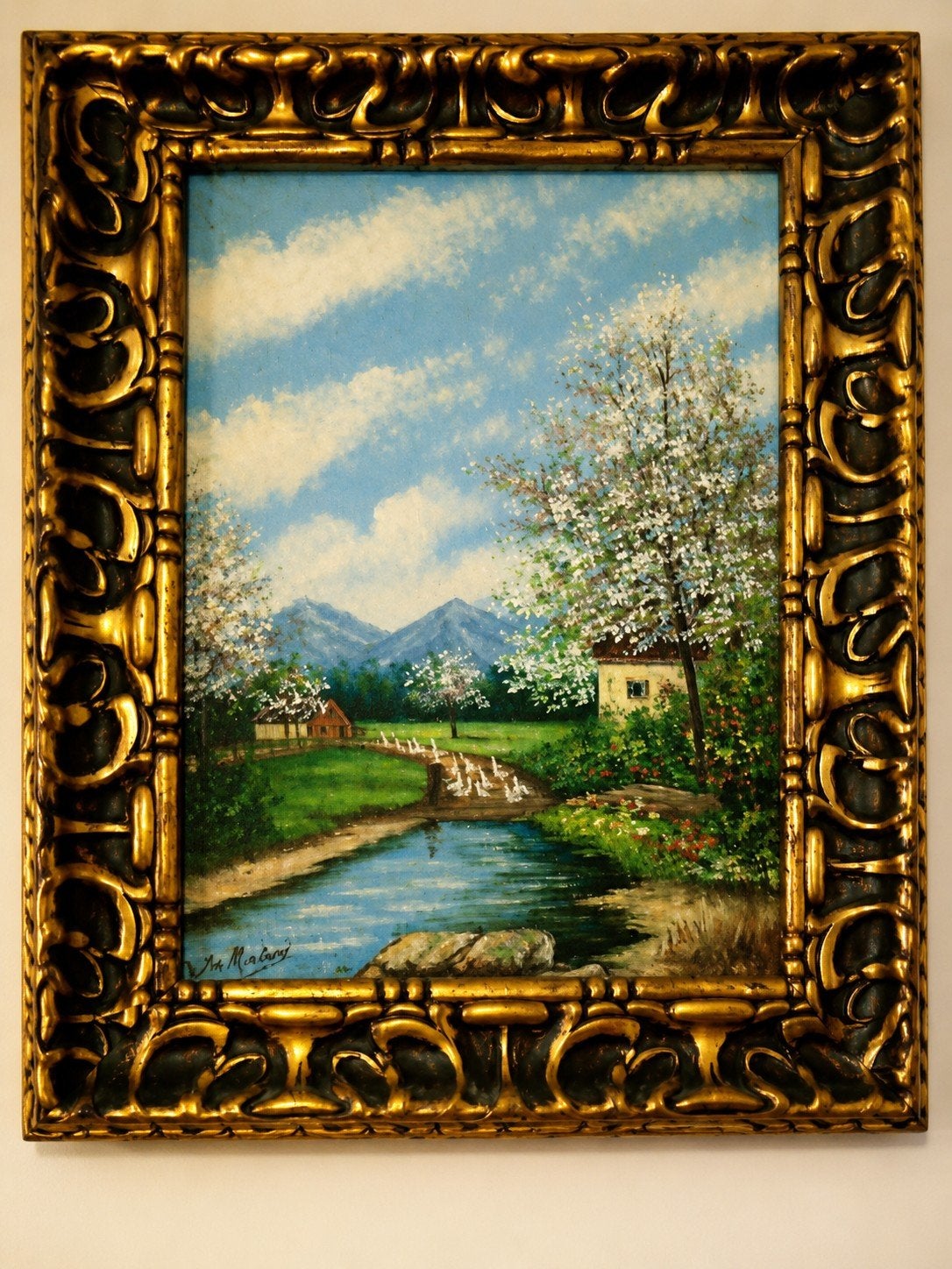 2 Landelijk landschapsschilderij in sierlijst, Antiek en Kunst, Ophalen of Verzenden