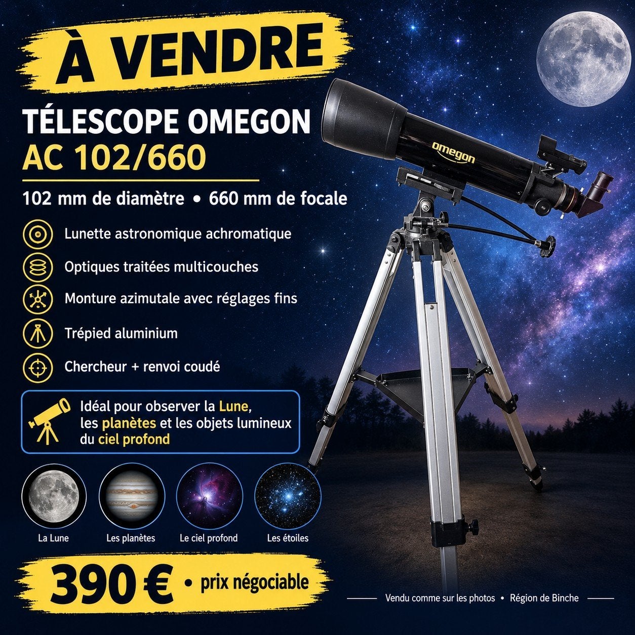 Télescope Omegon AC 102/660, TV, Hi-fi & Vidéo, Comme neuf, Enlèvement, 80 à 200 mm, Avec trépied