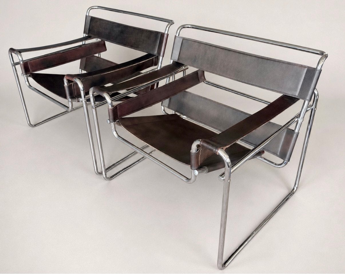 2 vintage Wassily Chairs, Marcel Breuer voor Fasem, Ophalen, Gebruikt, Leer, Bauhaus Vintage Wassily Marcel Breuer B3