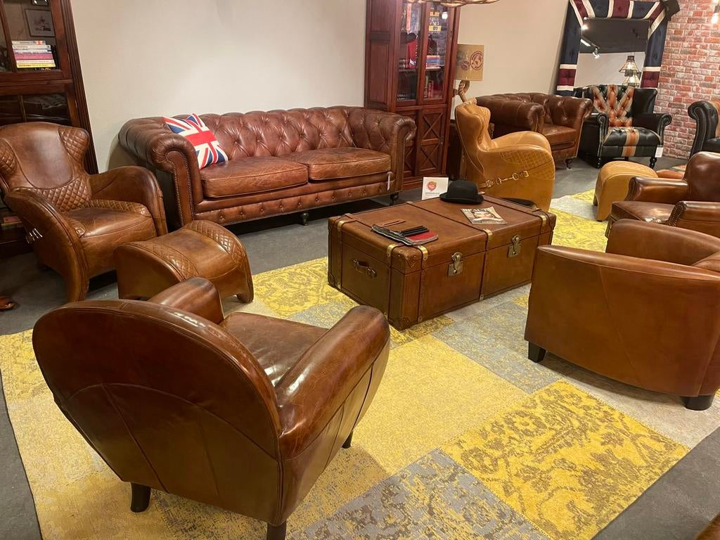 OUTLET Vintage chesterfield zetels en fauteuils Cognac leer, Huis en Inrichting, Ophalen of Verzenden, Nieuw, Leer