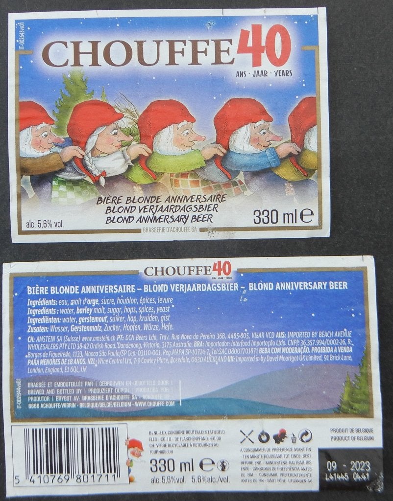 Bieretiket Chouffe 40 jaar Brouwerij d'Achouffe (13h4), Verzenden, Gebruikt