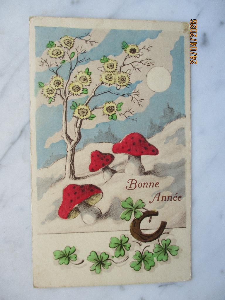 nieuwjaar paddenstoelen hoefijzer klaver vier boom, Envoi, 1920 à 1940, Affranchie, (Jour de) Fête