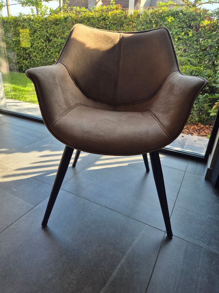 Eetkamerstoel luxe 6 st cognac-grijszwart zo goed als nieuw, Ophalen, Bruin, Zo goed als nieuw, Strak landelijk comfort