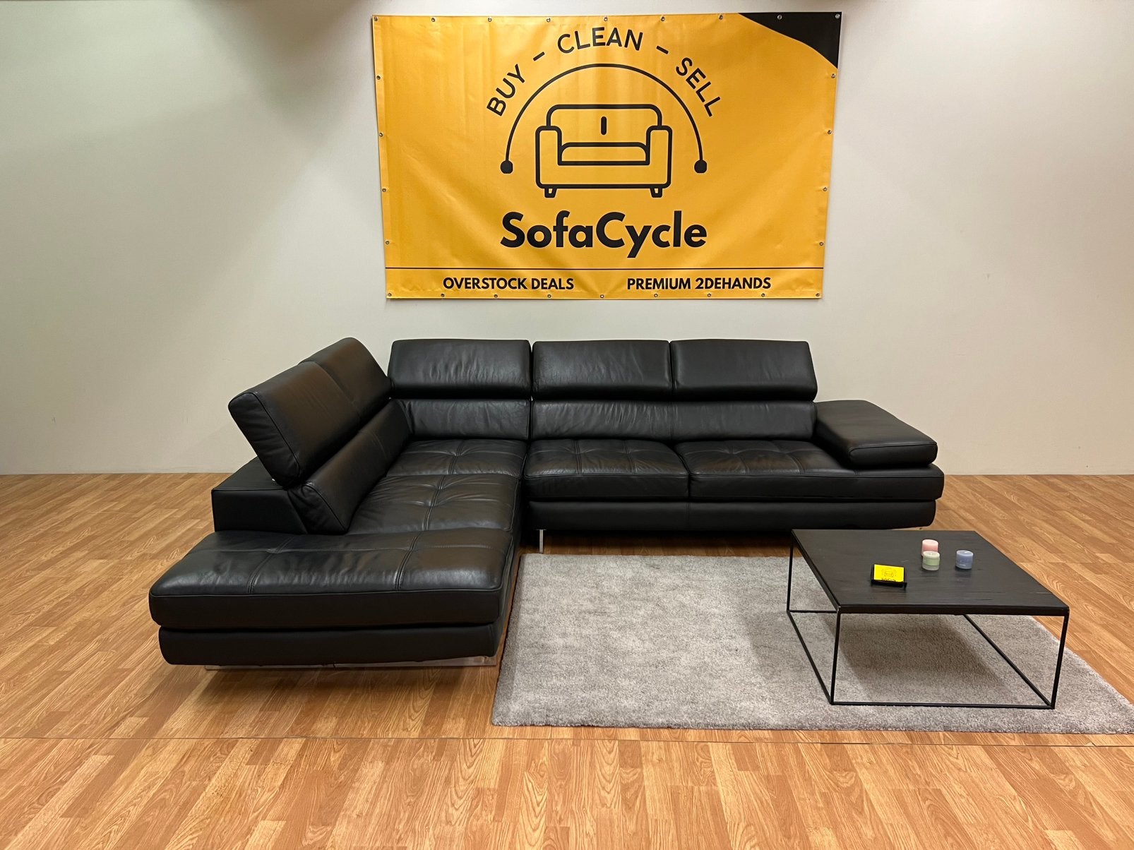 Siège d'angle noir -Cuir véritable - Appuie-têtes modulaires, Maison & Meubles, Canapés | Repose-pieds & Poufs, Comme neuf, Enlèvement ou Envoi
