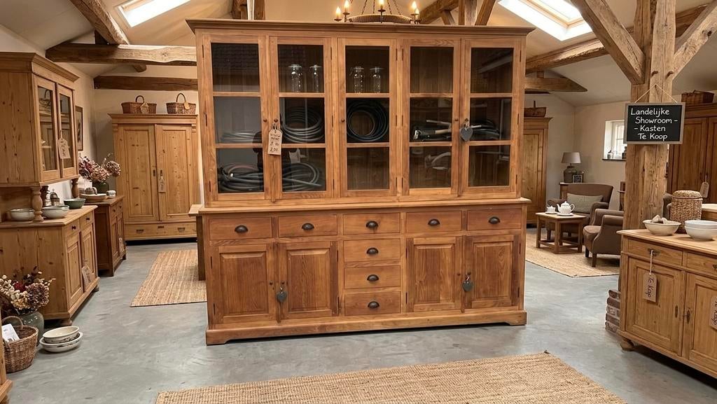Teak Buffetkast Vitrinekast (gratis thuisbezorgd), Huis en Inrichting, Met deur(en), 200 cm of meer, Glas, Nieuw
