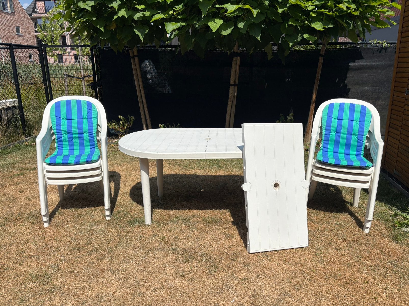 Tuintafel met 6 stoelen en kussens, Jardin & Terrasse, Tables de jardin, Enlèvement, Utilisé, Ovale, Plastique