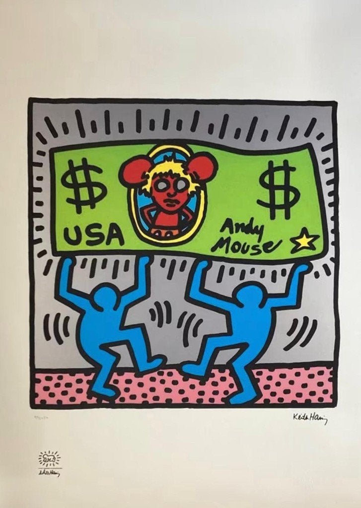 Keith Haring (D'après) - États-Unis Andy Mouse $, Avec certificat d'authenticité, Enlèvement ou Envoi, Lithographie