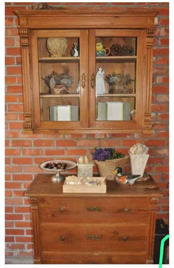 Grenen vitrine- en ladenkast, Utilisé, Avec tiroir(s), Pin, 150 à 200 cm