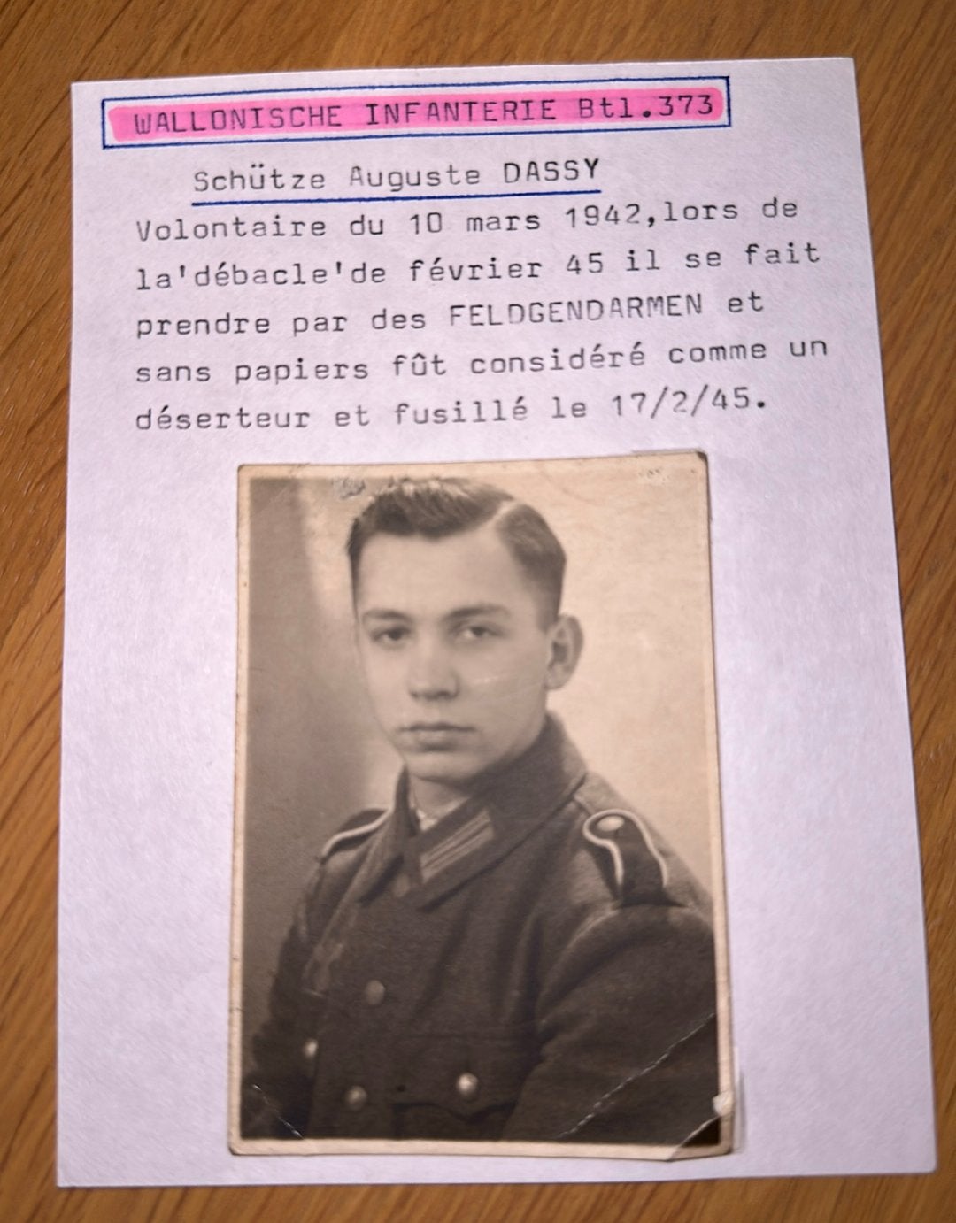 Foto Waalse vrijwilliger Dassy Auguste +1945, Verzamelen, Militaria | Tweede Wereldoorlog, Ophalen of Verzenden, Landmacht, Foto of Poster