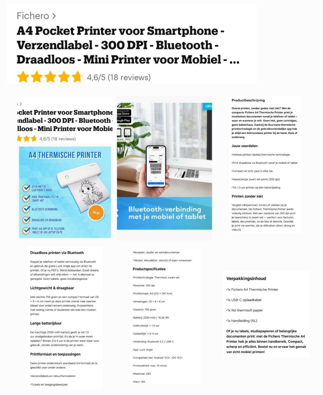 FICHERO POCKET PRINTER A4 voor smartphone..., Ophalen of Verzenden