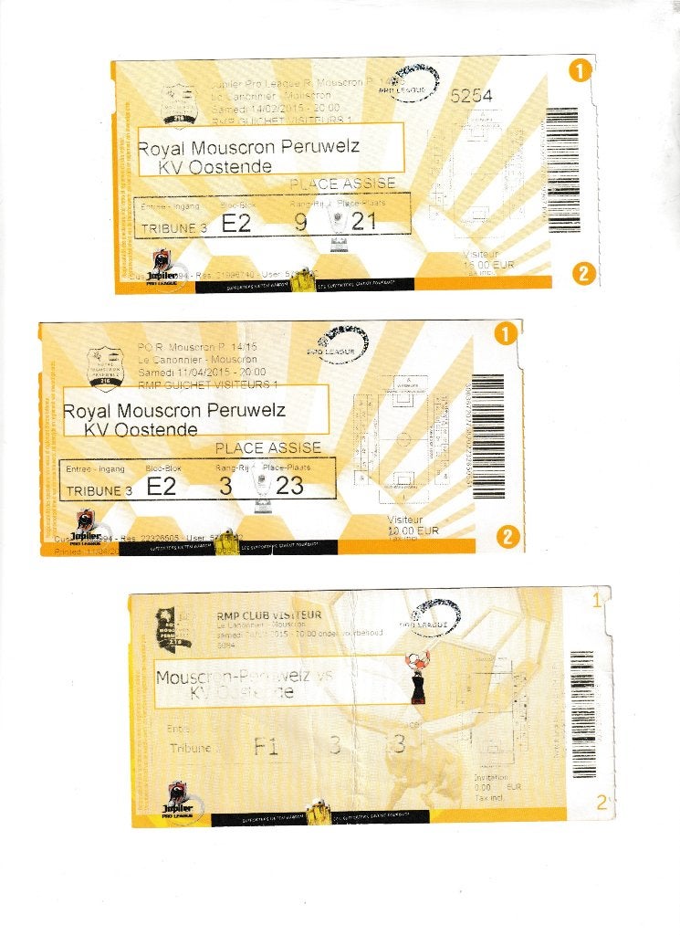 3 tickets Exc. Mouscron - KV Oostende : 2015, Ophalen of Verzenden, Gebruikt, Overige typen