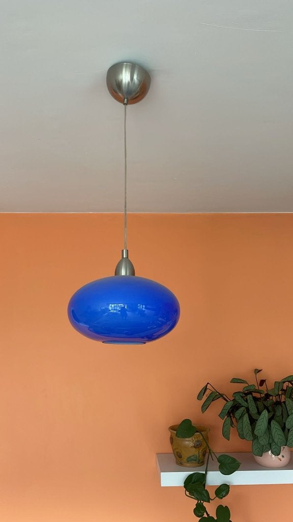 lampes suspendues bleues (3 pièces), Maison & Meubles, Retro jaren '70, Verre, Enlèvement, E27 (grand)