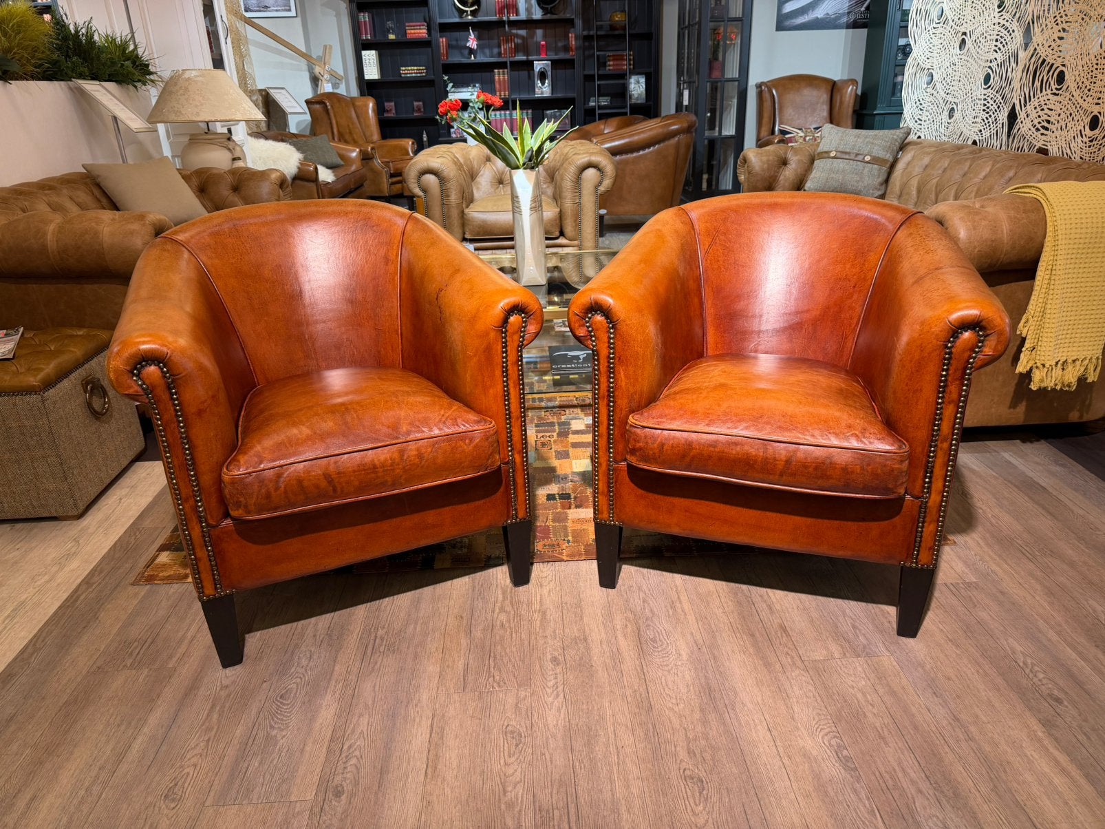 2 x prachtige schapenleren fauteuils Cognac bruin leer, Ophalen of Verzenden