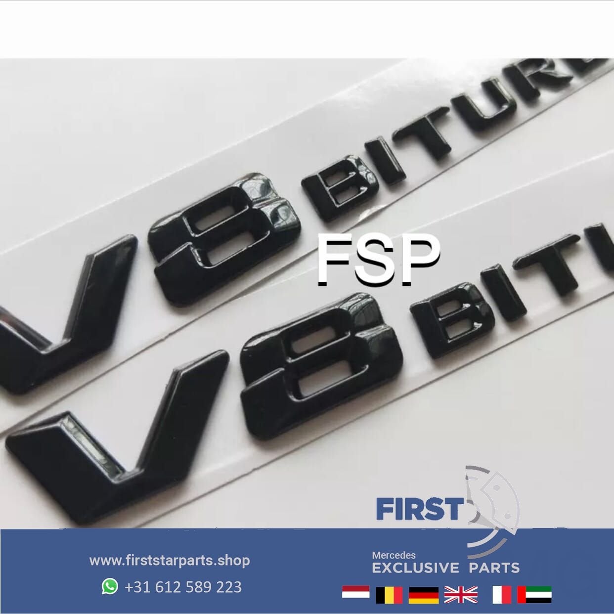 V8 BITURBO LOGO SET ZWART Mercedes C CLS E G GLC GLE S Klass, Utilisé, -, -, Enlèvement ou Envoi