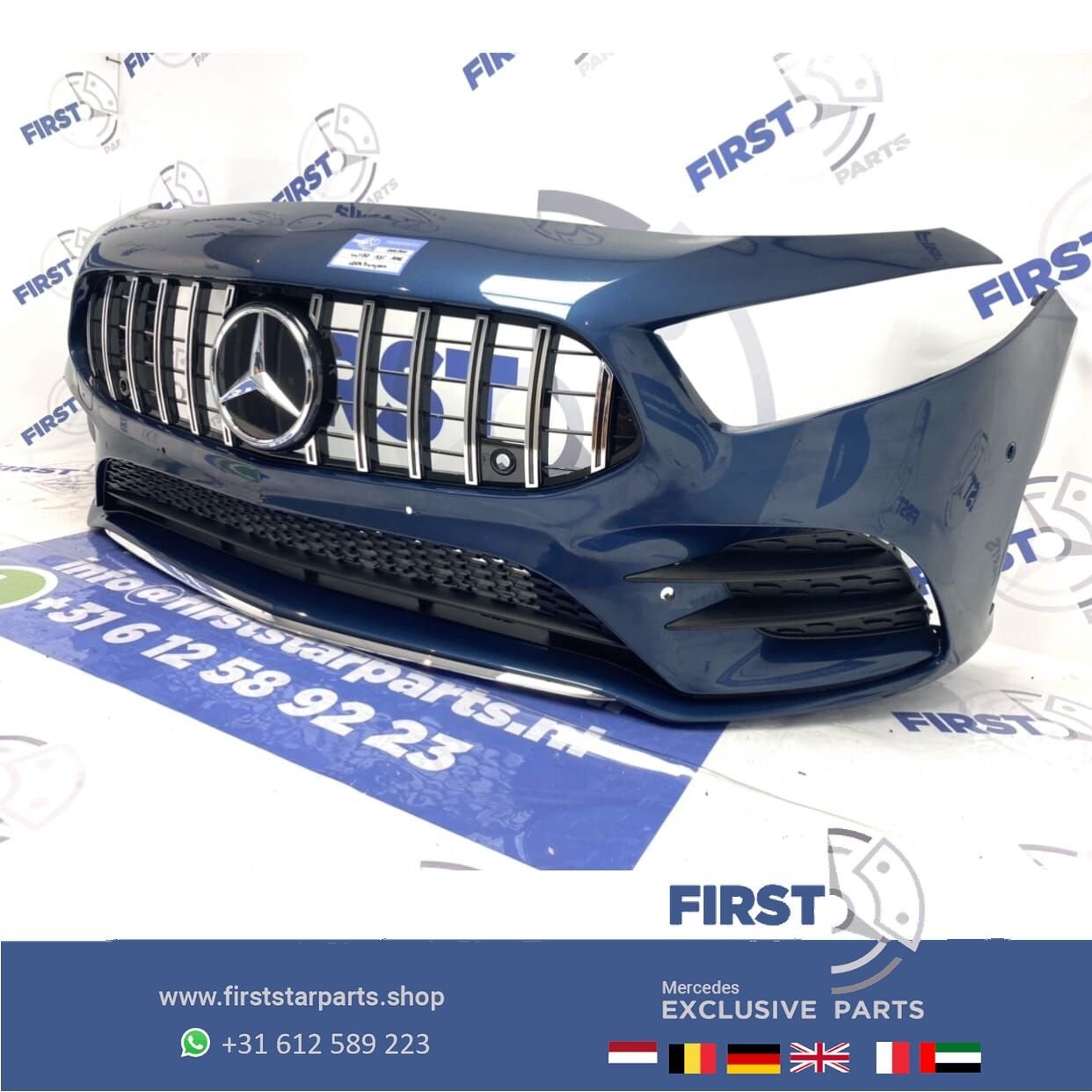 W177 AMG A35 VOORBUMPER A KLASSE 2020 35 BLAUW COMPLEET MET, Gebruikt, -, Voor, Ophalen of Verzenden
