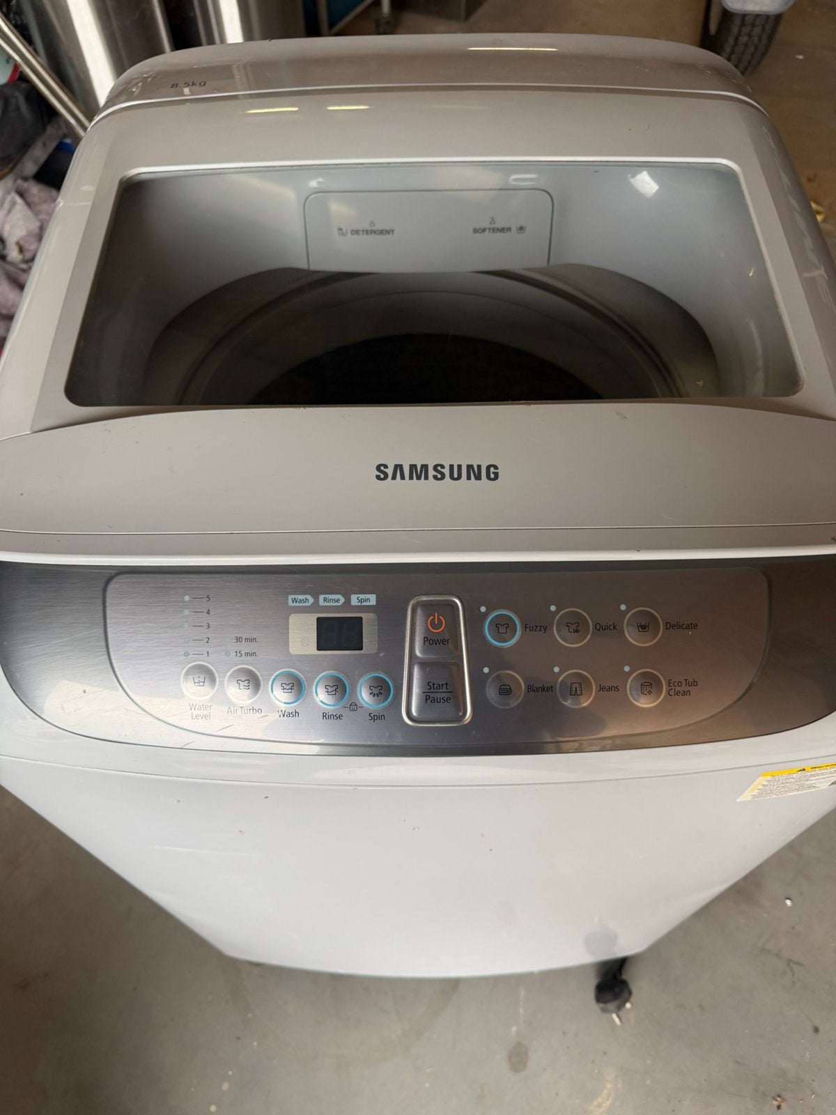 Samsung 8,5 kg bovenlader wasmachine – WA85F5S3, Ophalen, Gebruikt, 90 tot 95 cm, Bovenlader