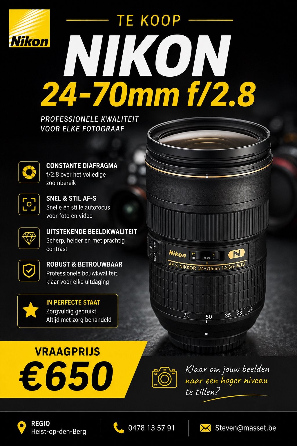Nikon 24/70 f2.8 lens, TV, Hi-fi & Vidéo, Photo | Lentilles & Objectifs, Enlèvement, Comme neuf, Nikon