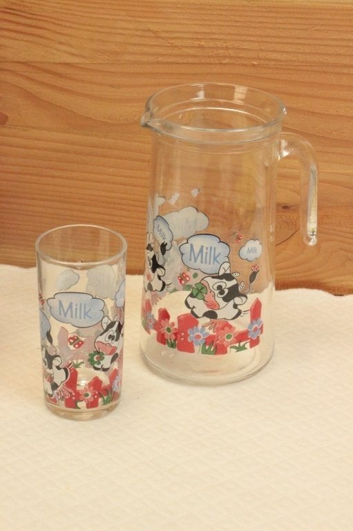 Vintage glazen melkkan en glas, Ophalen of Verzenden, Zo goed als nieuw