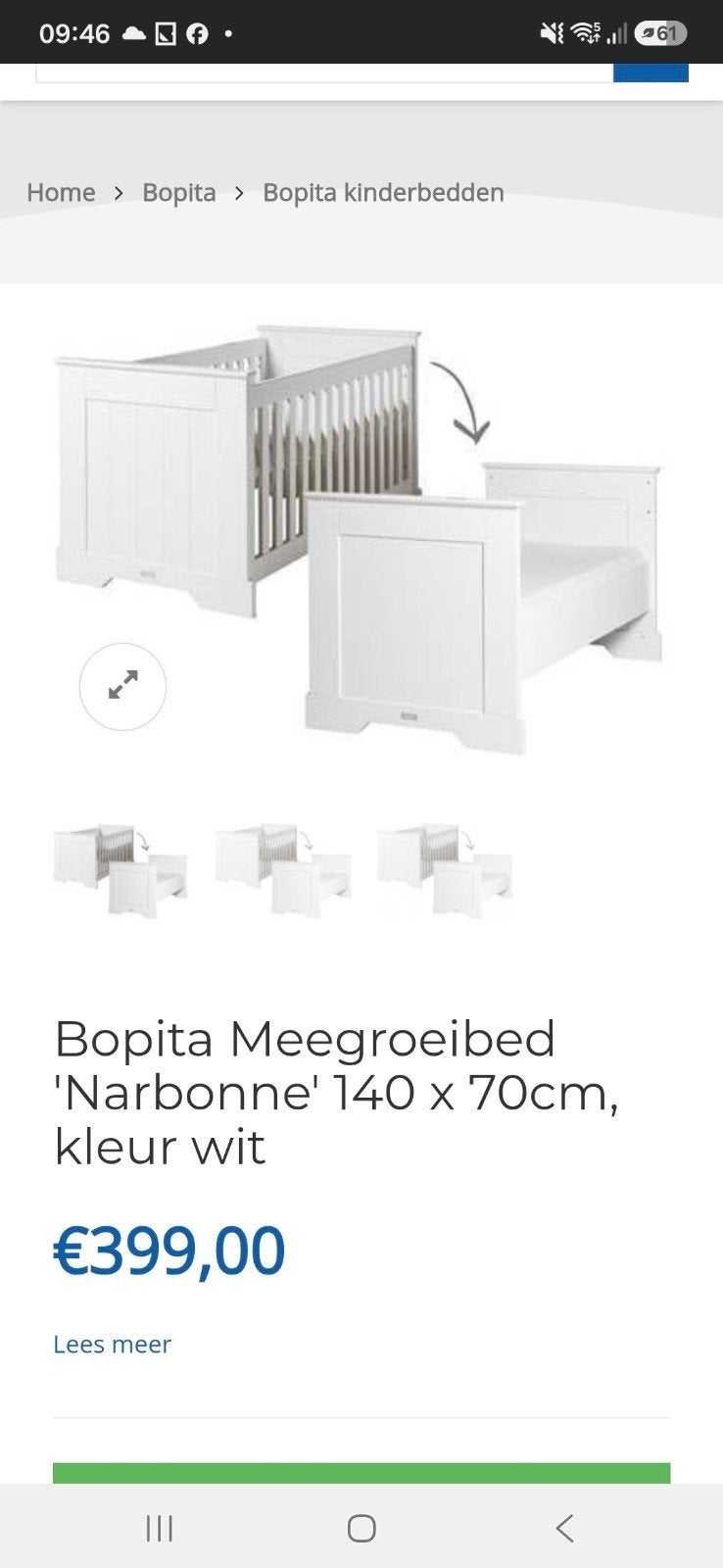 Bopita Narbonne meegroeibed, nachtkastje en alle toebehoren, Kinderen en Baby's, Ophalen
