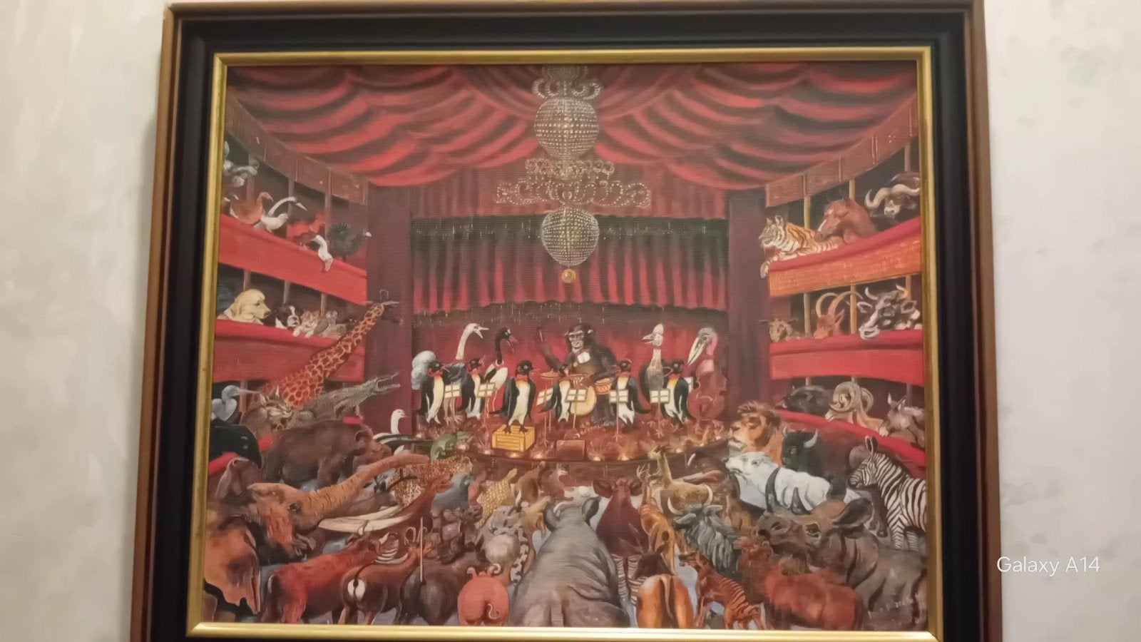 Origineel schilderij Naive Art - Dierenorkest in het theater, Huis en Inrichting, Ophalen