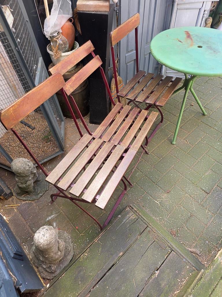 Ronde ijzeren tafel met 3 klapstoelen, Ophalen of Verzenden