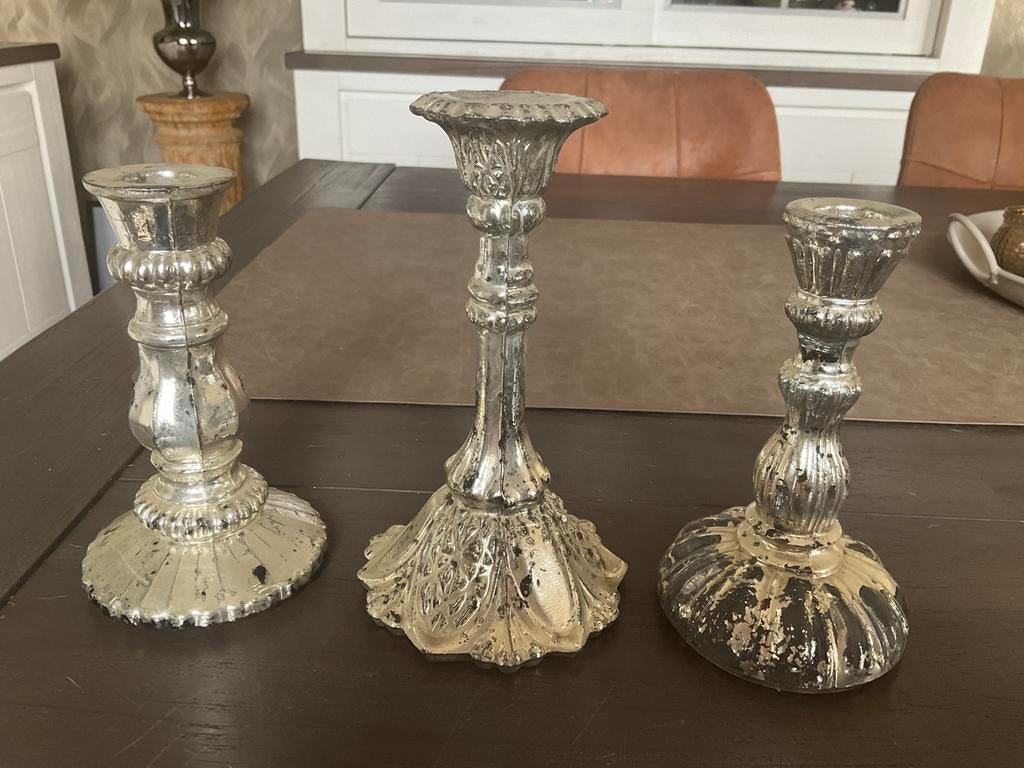 Antiek verzilverde glazen kandelaars, Antiek en Kunst, Ophalen, Glas