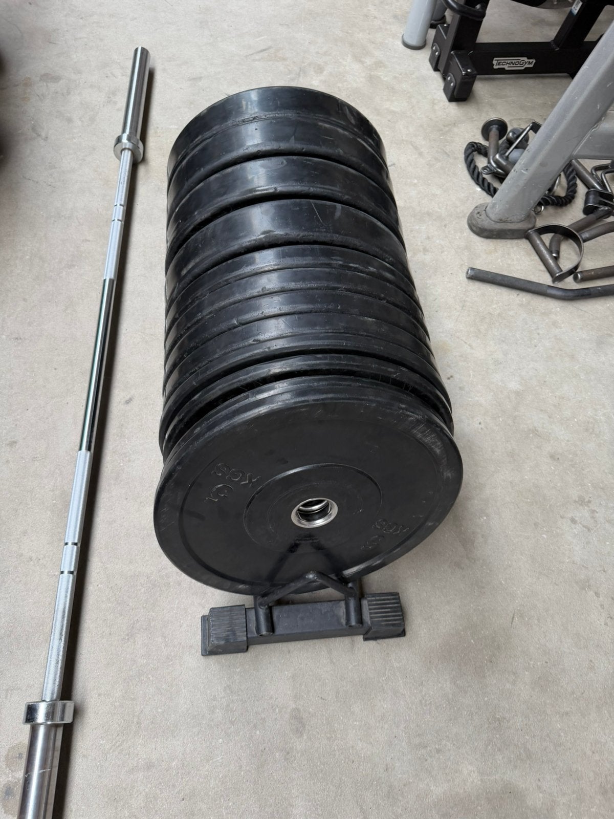 140kg Bumperplates  + Olympische Barbell, Opbergrek, Sport en Fitness, Ophalen, Gebruikt, Halterschijven