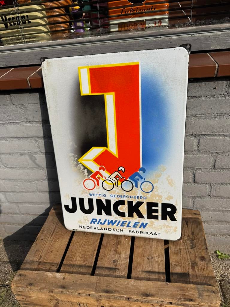 Ancien panneau d'affichage en émail pour vélos JUNCKER, Enlèvement ou Envoi, Utilisé, Panneau publicitaire