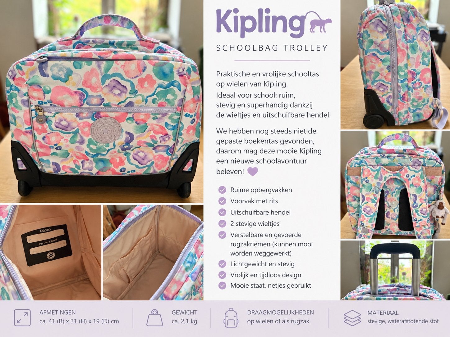 Kipling boekentas trolley met wieltjes - bloemenprint, Ophalen of Verzenden, Gebruikt