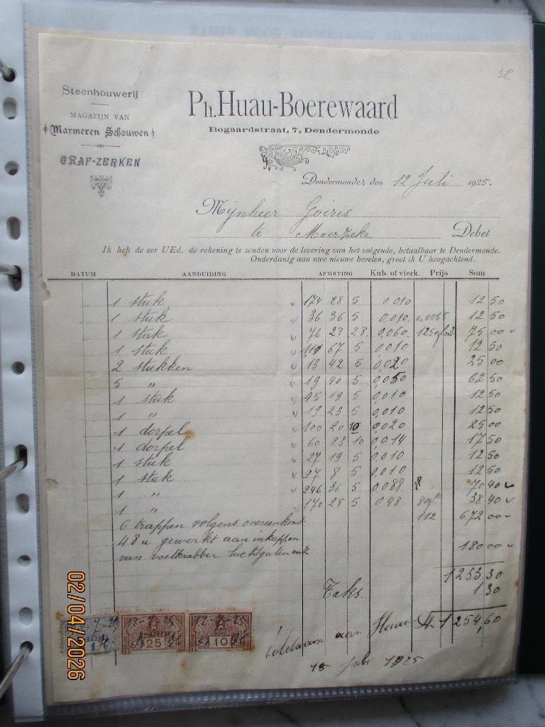 3 facturen Ph. Huau-Boerewaard steenhouwer Dendermonde 1925, Verzenden, Gebruikt