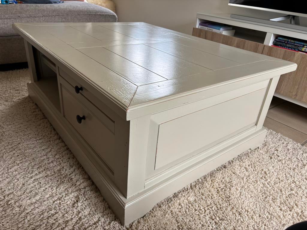 Massief houten salontafel met schuif en opbergruimte, Huis en Inrichting, Tafels | Salontafels, Ophalen, Gebruikt, 50 tot 100 cm