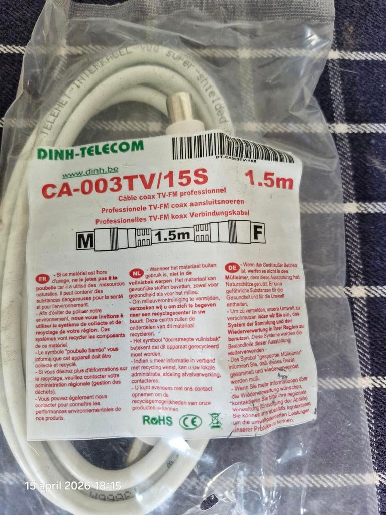 Coax kabel 1.5m, Audio, Tv en Foto, Audiokabels en Televisiekabels, Ophalen of Verzenden, Nieuw, Minder dan 2 meter, Coaxiale kabel