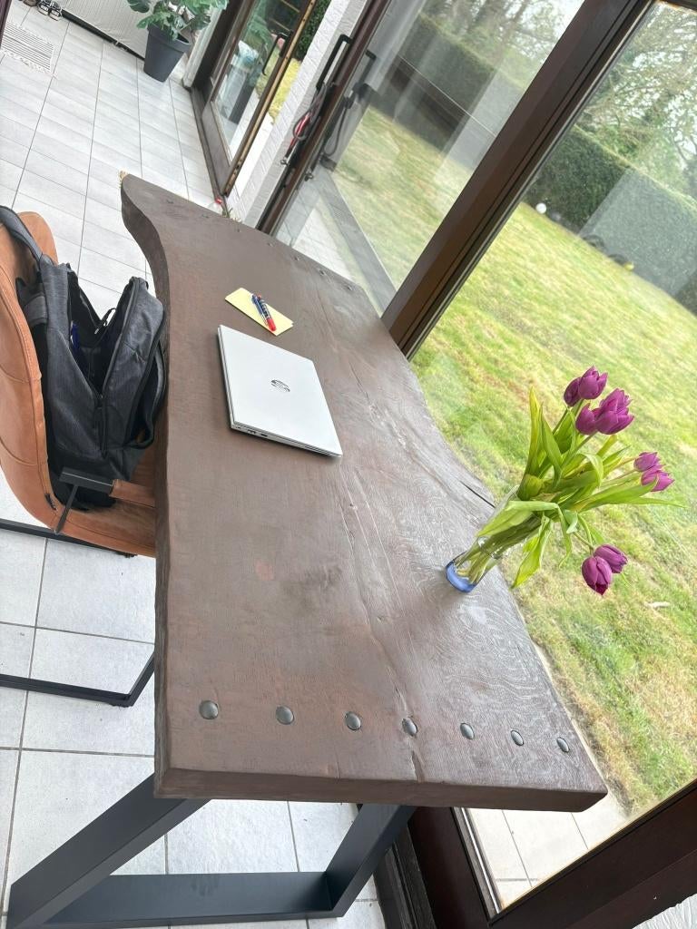 Massief eiken live edge , industrieel, bureau of tafel, Huis en Inrichting, Industrieel, Ophalen, Gebruikt, Hout