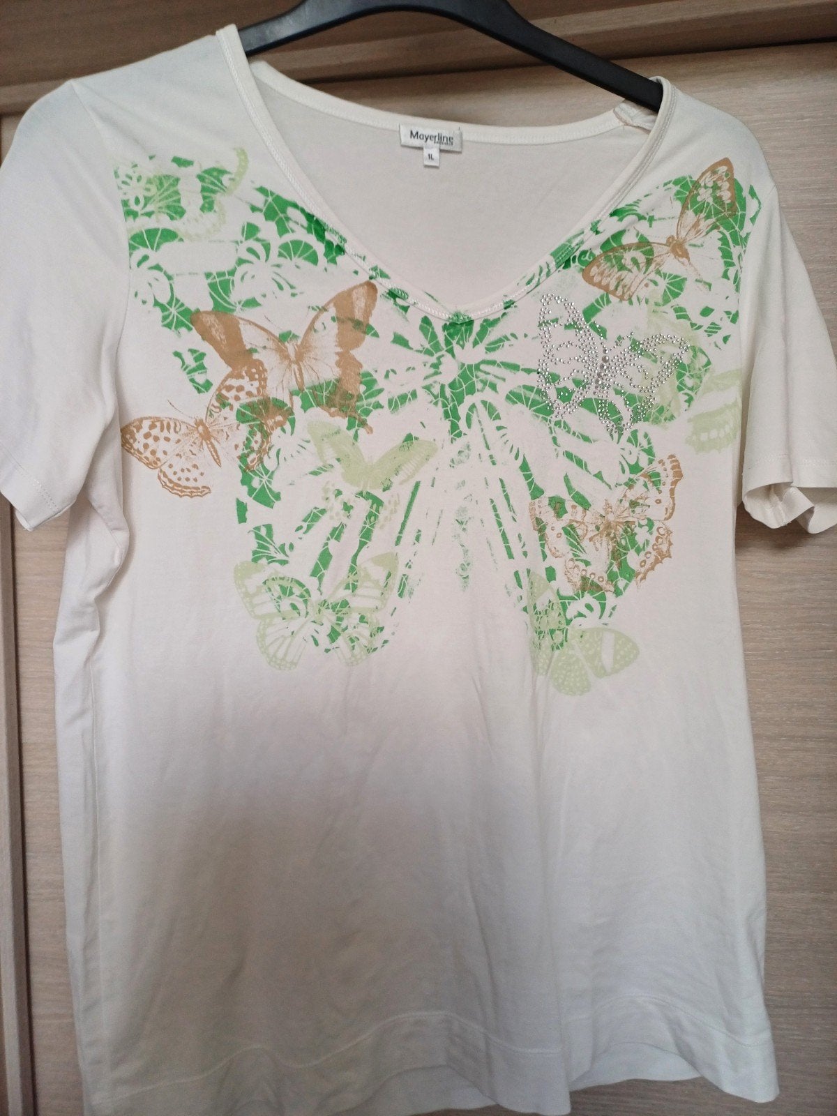 Mayerline witte t-shirt vlinders 1L=46, Mayerline, Maat 46/48 (XL) of groter, Ophalen of Verzenden, Zo goed als nieuw