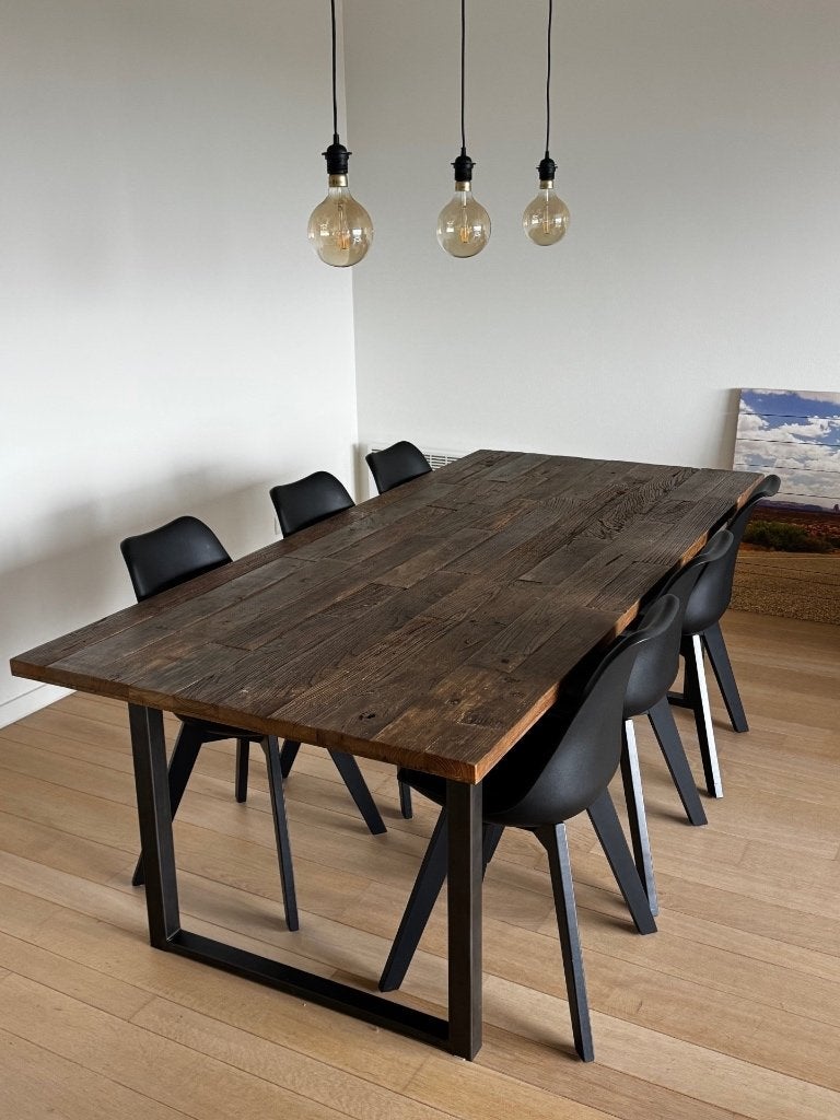 Rechthoekige eettafel verweerd hout 220cmx100cm + 8 stoelen!, Ophalen, Overige materialen, Gebruikt, 100 tot 150 cm