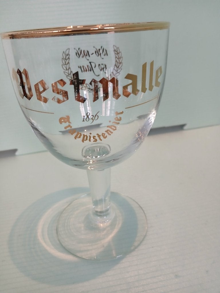 WESTMALLE TRAPPISTENBIER 1836 verguld staand glas, Ophalen of Verzenden, Gebruikt, Glas of Glazen, Overige merken