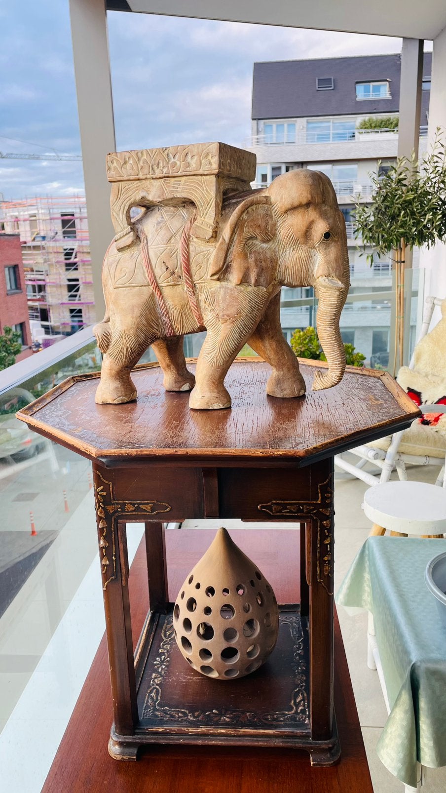 Set: Indiaas hardhouten tafeltje, houten olifant & windlicht, Ophalen, Gebruikt, Hout
