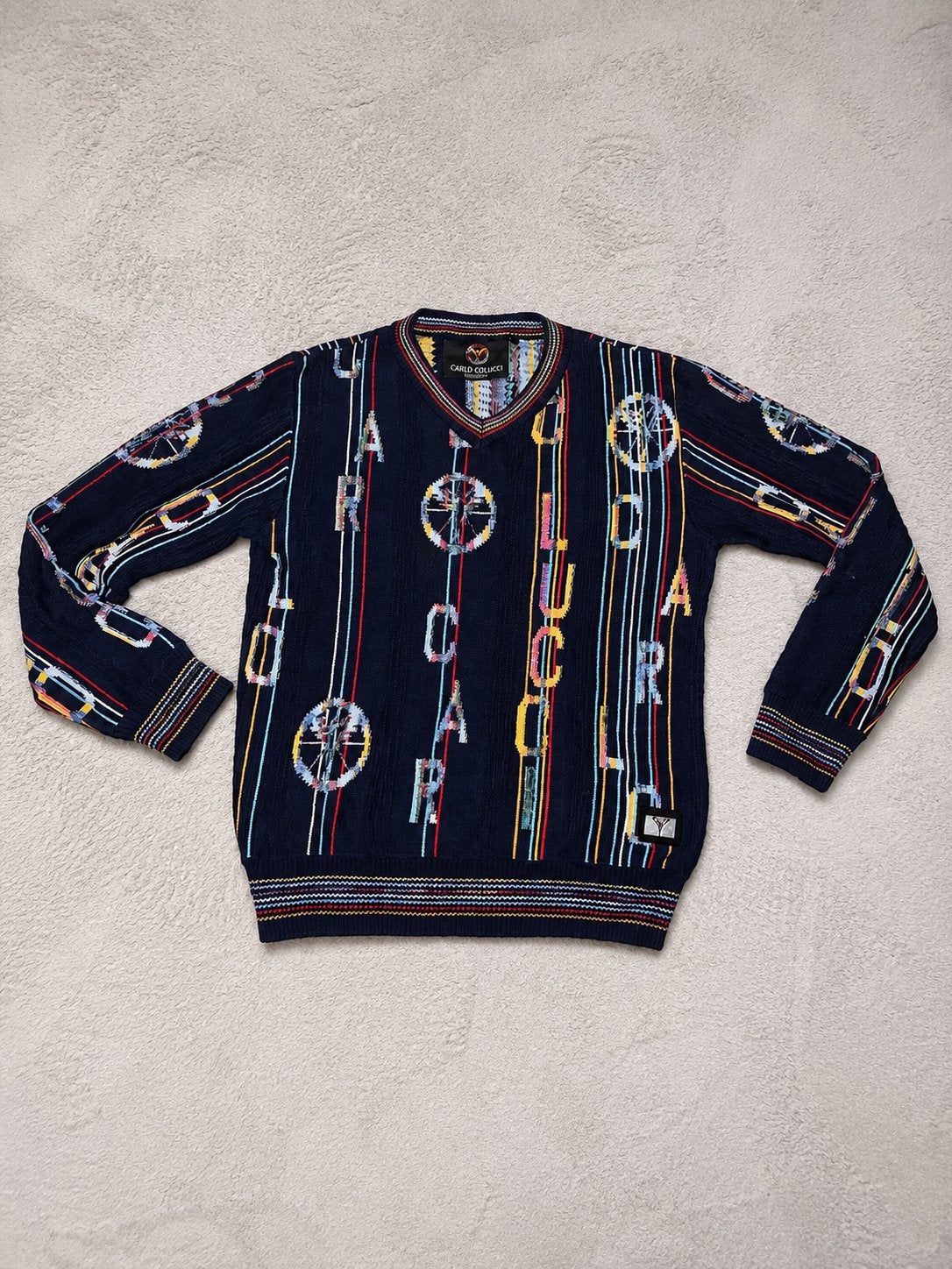 Pull tricoté vintage Carlo Colucci 3D bleu marine original, Enlèvement ou Envoi, Porté, Taille 48/50 (M), Multicolore