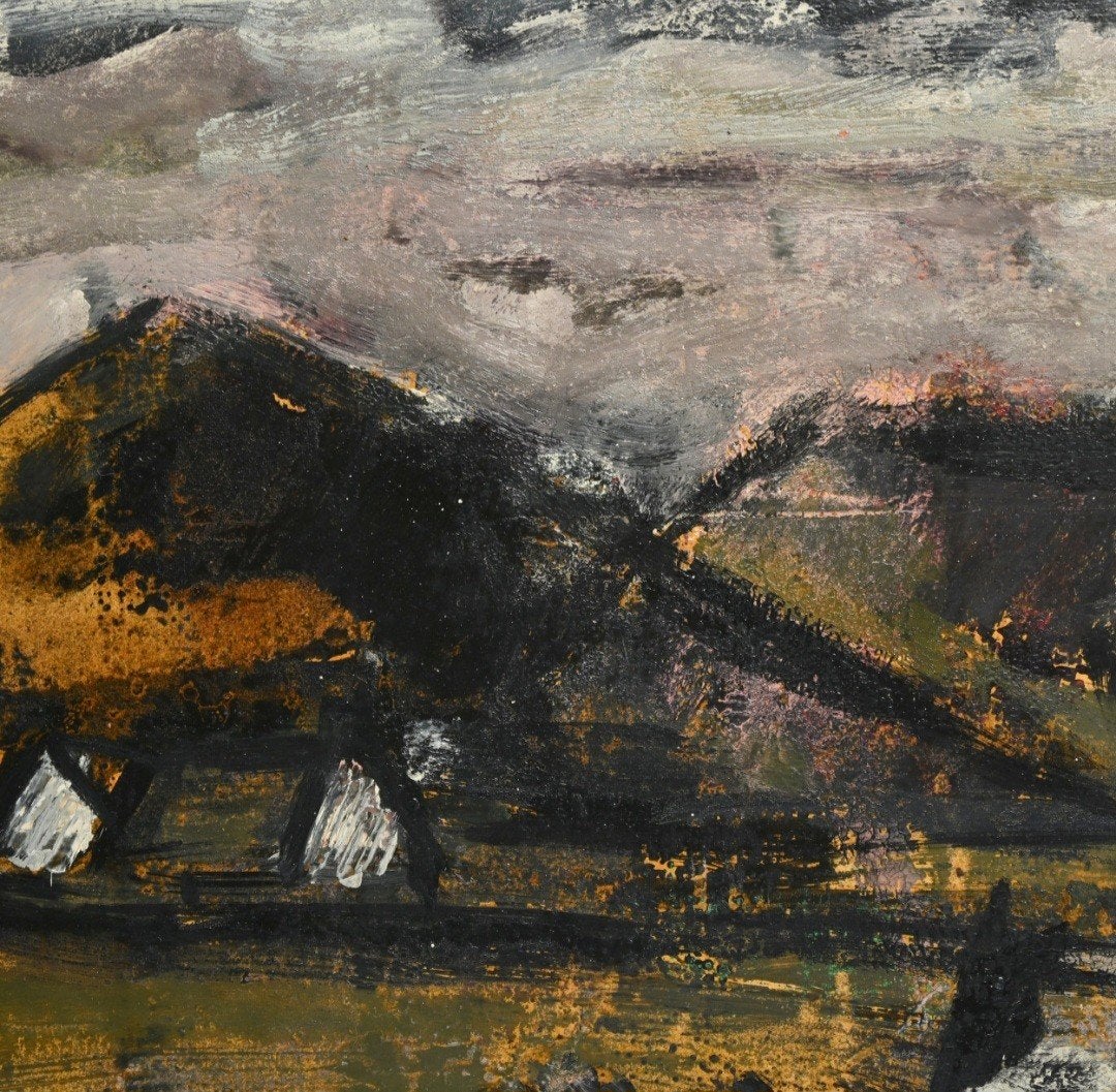CORTIER Amedee "Landschap met schuren" olie op papier, Antiek en Kunst, Ophalen of Verzenden, Landschap