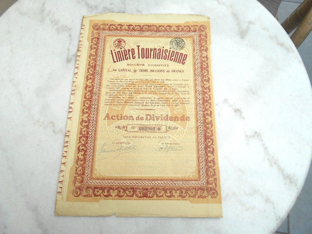 ancienne action "Linière tournaisienne "Tournai Textile 1923, Enlèvement ou Envoi, 1920 à 1950, Action
