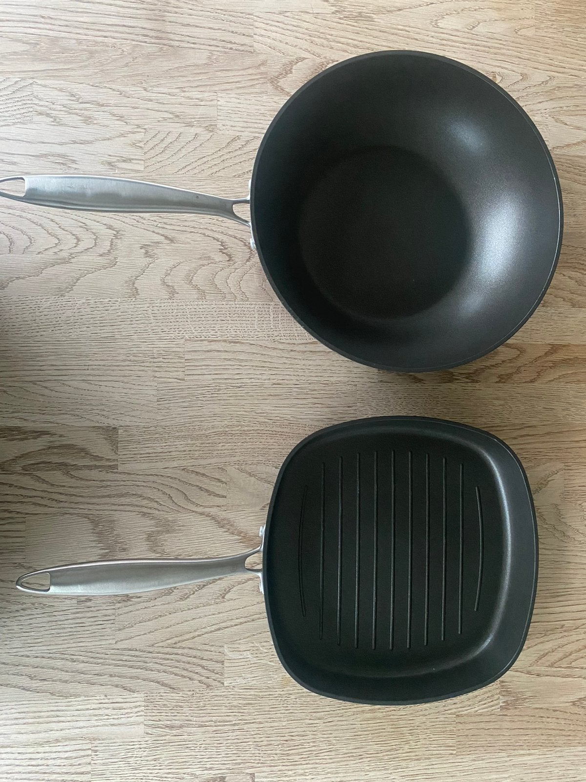 Set 2 pannen Masterchef wokpan en grillpan, Huis en Inrichting, Ophalen, Zo goed als nieuw