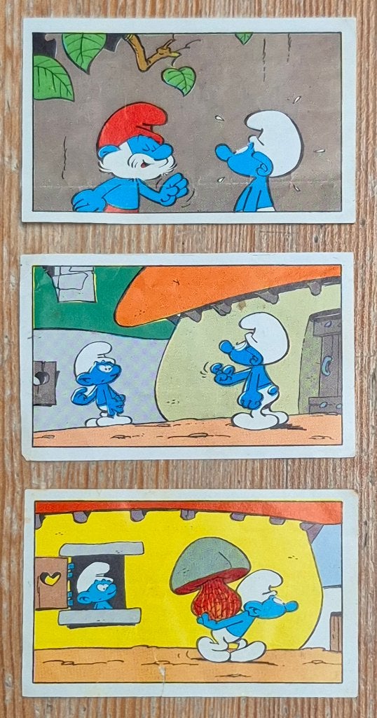 3 prentjes De jonge toversmurf Kwatta Peyo 1967 Smurfen, Collections, Enlèvement ou Envoi, Schtroumpfs, Utilisé, Image, Affiche ou Autocollant