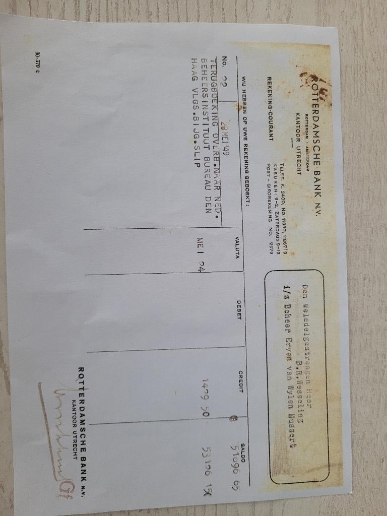 Relevé de compte bancaire de Rotterdam 1949, Collections, Objets militaires | Seconde Guerre mondiale, Enlèvement ou Envoi