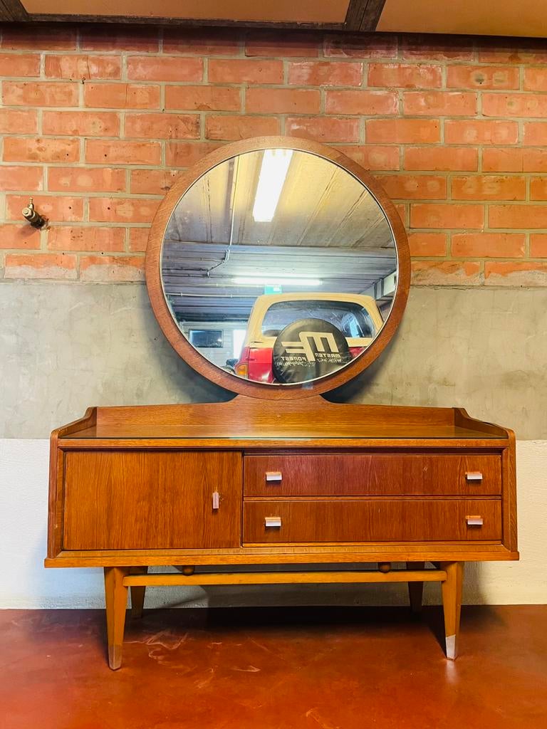 Mid‐Century Lowboard met Grote Ronde Spiegel – Jaren ’60, Ophalen, Gebruikt, 100 tot 150 cm, Vintage/ mid-century modern